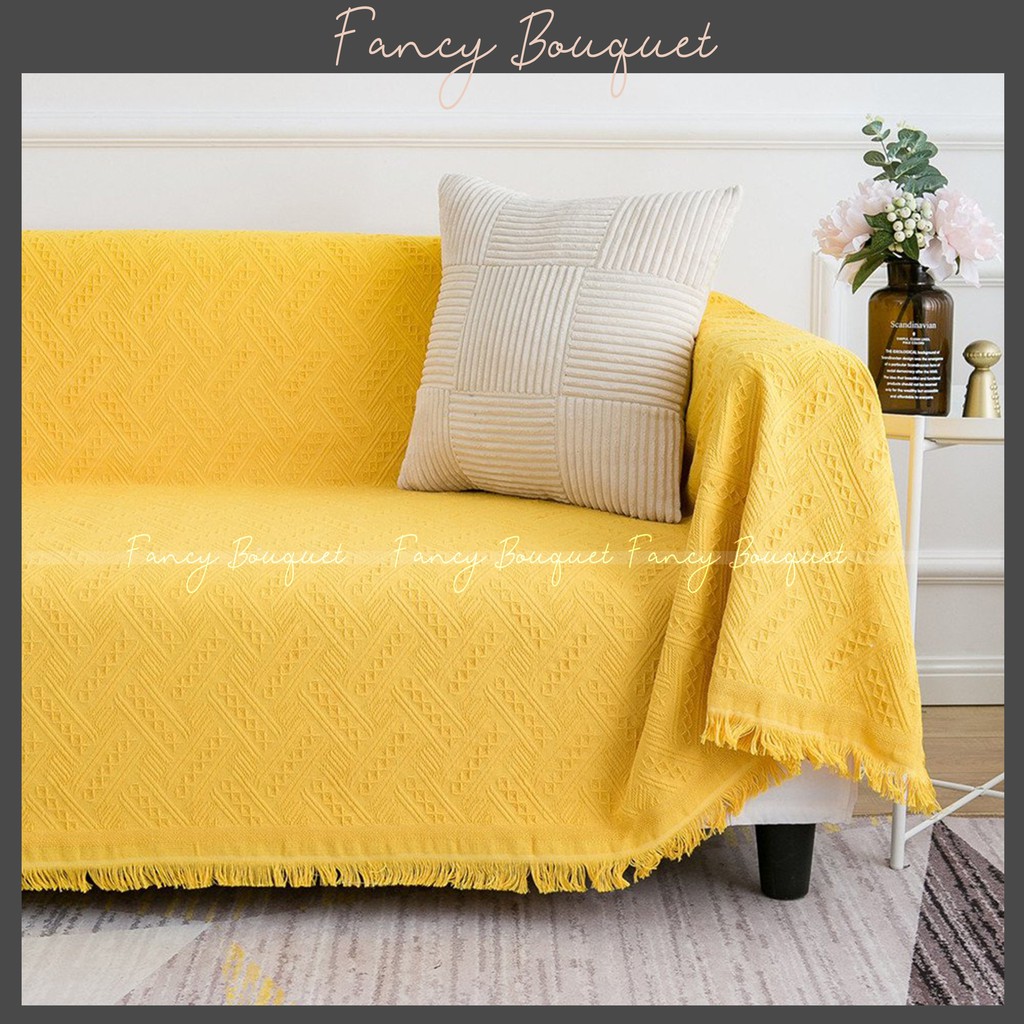 Thảm phủ sofa Cotton thêu nổi ❤️FREESHIP❤️ Khăn sofa cao cấp , phong cách Bắc Âu - Vàng Chanh