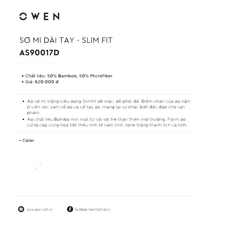 [Mã THOIMALL4 giảm 10% tối đa 20k đơn 99k] OWEN - Áo sơ mi dài tay Owen SLIMFIT màu trắng in vân  AS 90017 - áo sơ m