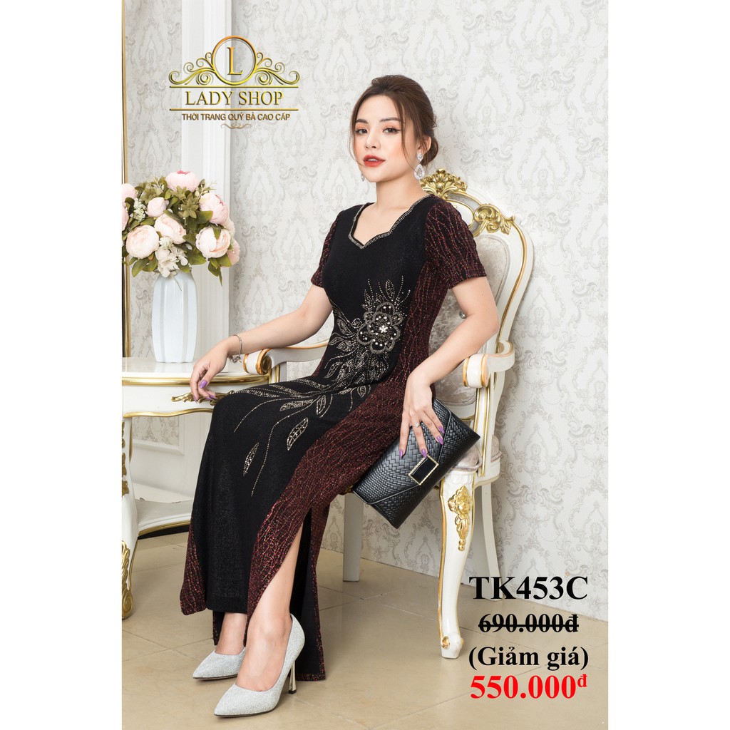 Thời trang trung niên -  Đầm quý bà cao cấp - Ladyshop - Sườn xám cổ hoa phối ngũ sắc đen bông hoa đá TK453