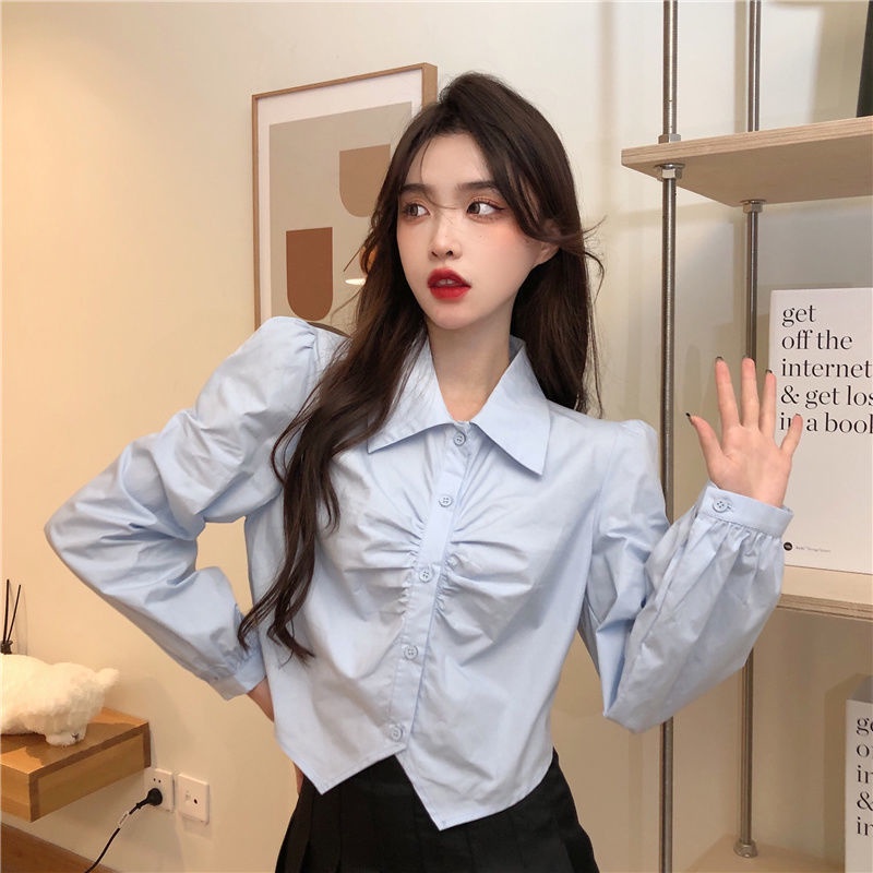 Áo sơ mi trắng IELGY tay dài dáng ngắn thời trang kiểu Pháp cho nữ