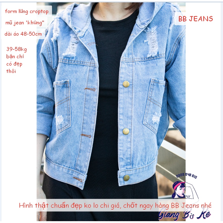 Áo khoác jean nữ có mũ đẹp trơn thêu HE xám MK form vừa dưới 60kg cao 1.62m đổ lại đẹp BB Jeans