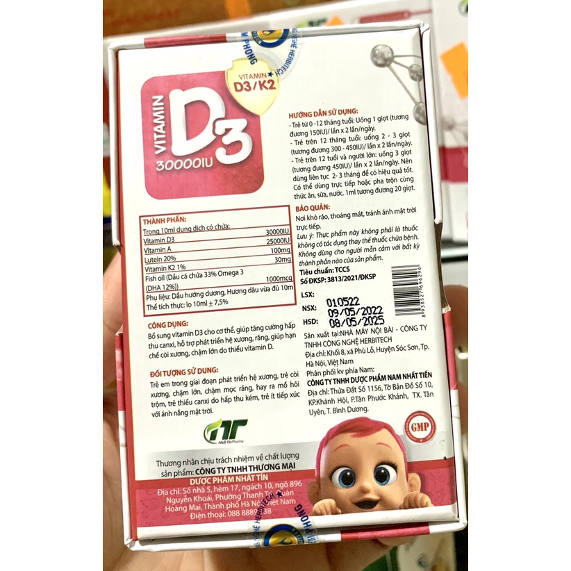 Vitamin D3 K2 Hồng Cho Trẻ Sơ Sinh Giúp Tăng Cường Hấp Thu Canxi, Trẻ Cao Lớn Nhỏ Giọt Lọ 10ml Nhất Tín Pharma