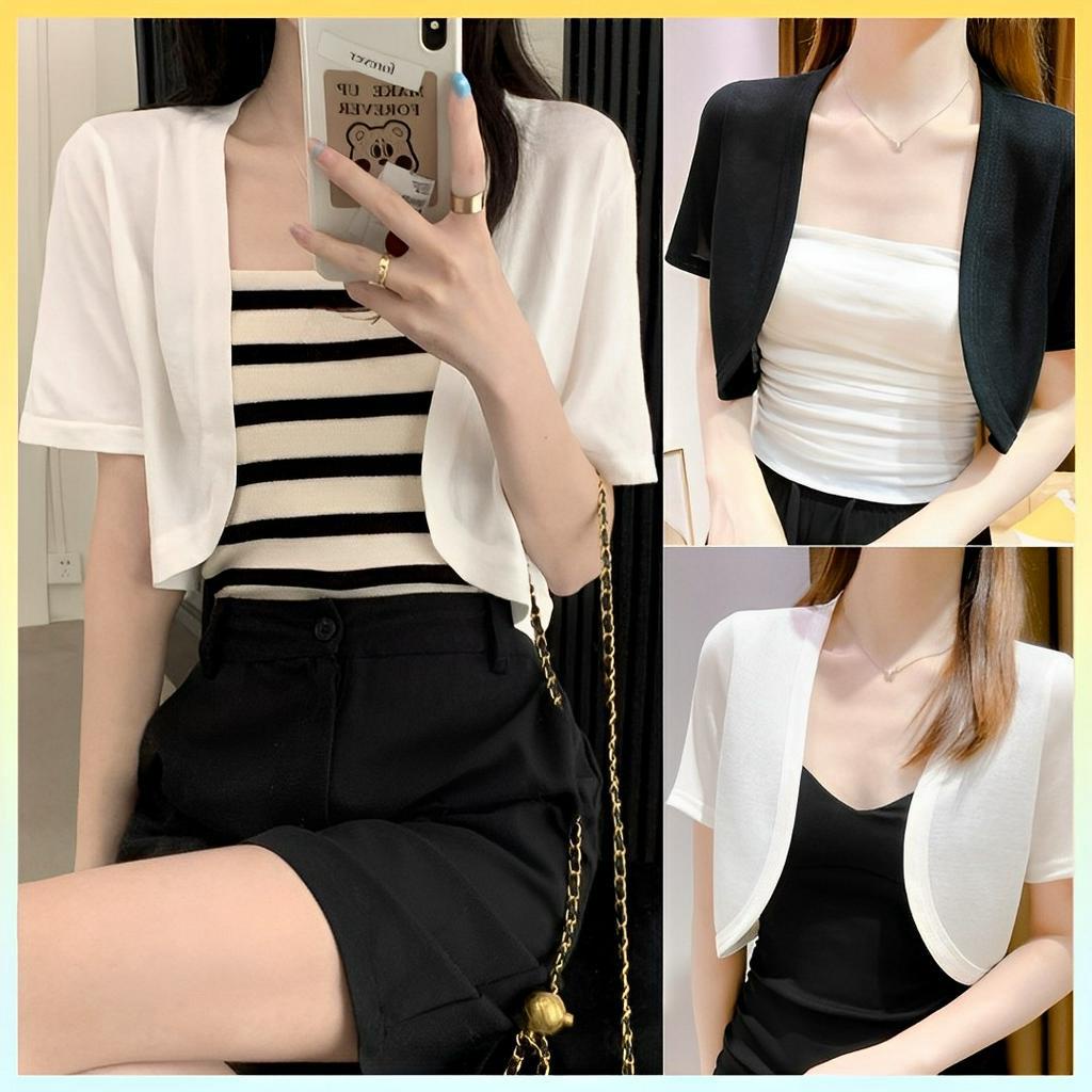 [L2M] Áo Khoác Len Nữ Cardigan Croptop Tay Ngắn Phong Cách Pháp Mềm Mỏng Dễ Phối Đồ