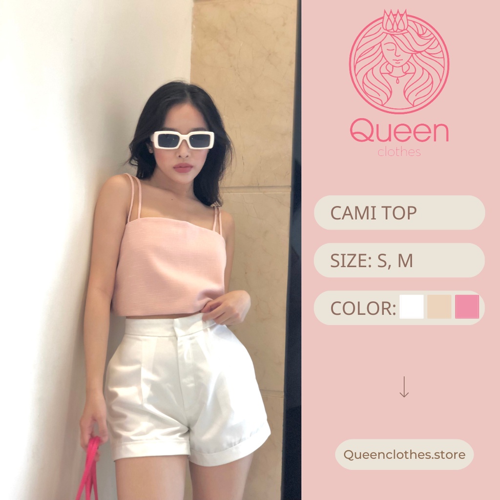 Áo croptop hai dây QUEEN CLOTHES cài nút phía sau, chất linen bố gân có lớp lót mềm mịn - CAMI TOP QT009