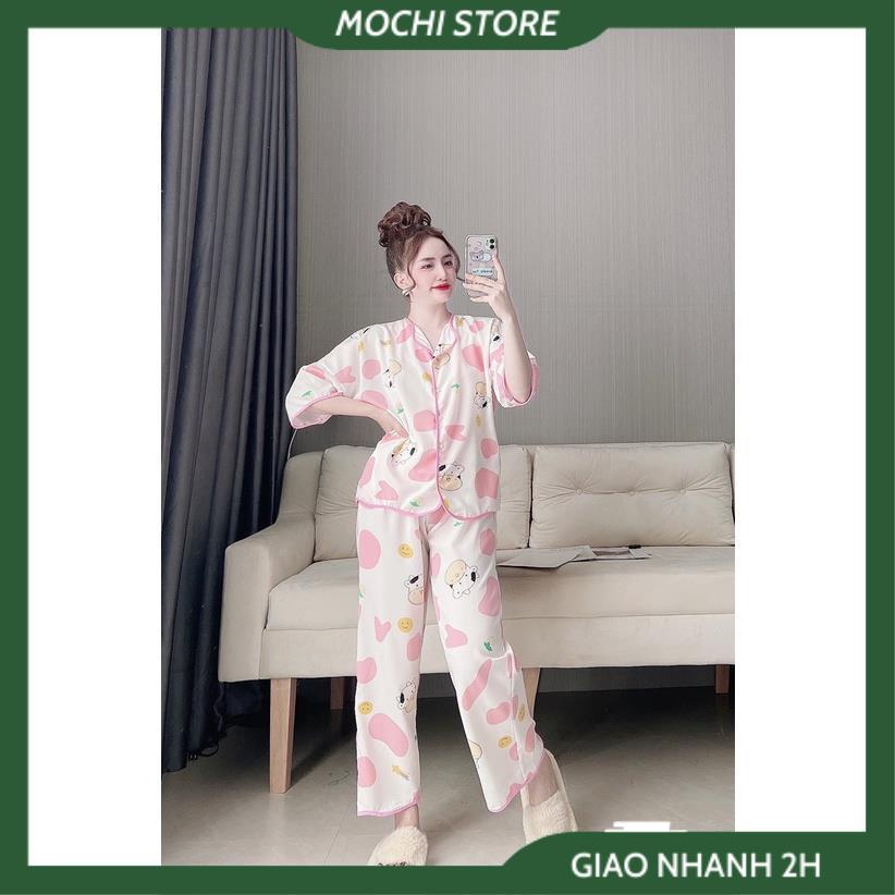 Bộ Ngủ MặC Nhà, Đồ Pijama Ngắn Tay Quần Dài Lượn Sóng Họa Tiết Bò Sữa Chất Lụa Mango Mềm Mịn, Form Dáng Rộng Rãi T