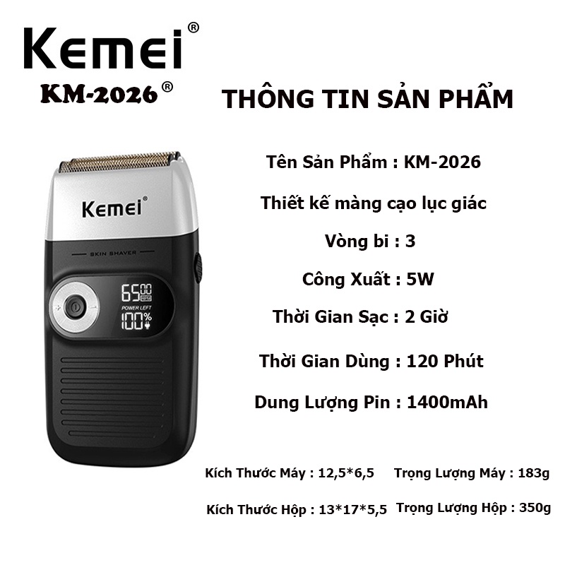 Máy cạo râu lưỡi kép 3 mức tốc độ Kemei KM-2026 màn hình LCD