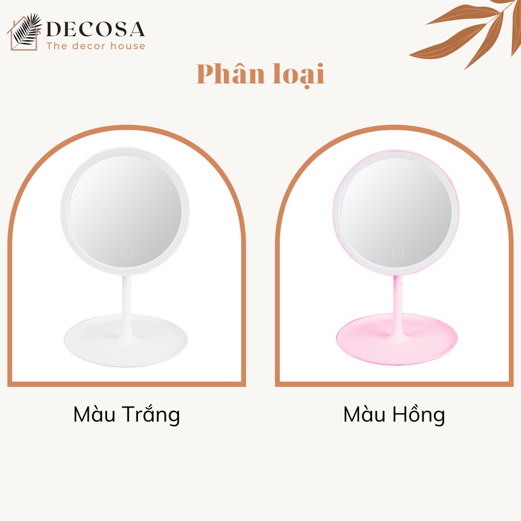 Gương đèn led trang điểm để bàn cảm ứng 3 màu pin sạc DECOSA