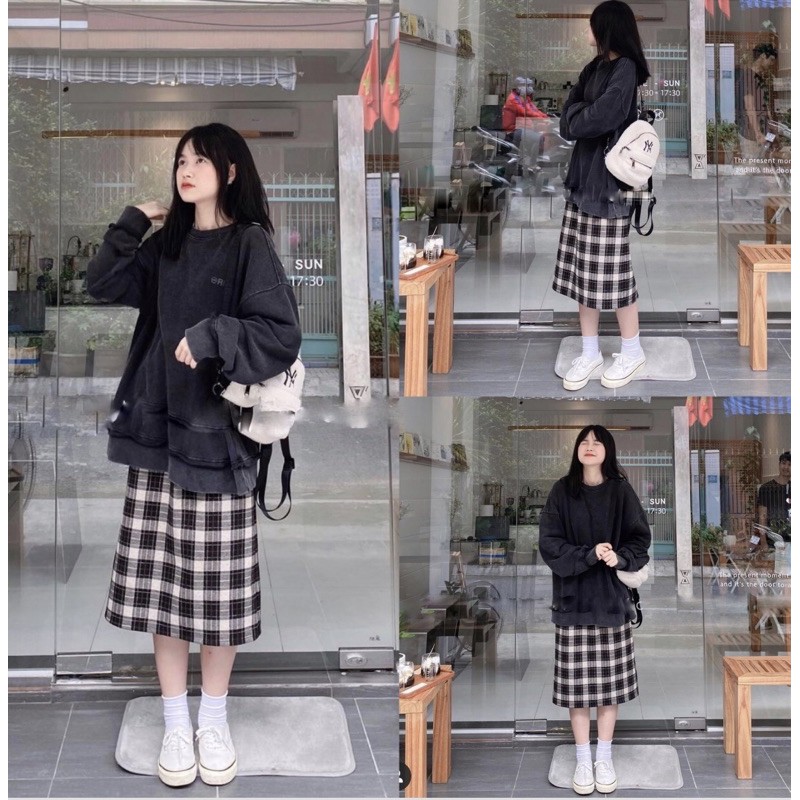 Chân váy dài chất dạ Quảng Châu Chân váy kẻ caro dáng suông vintage phong cách Hàn Quốc | BigBuy360 - bigbuy360.vn