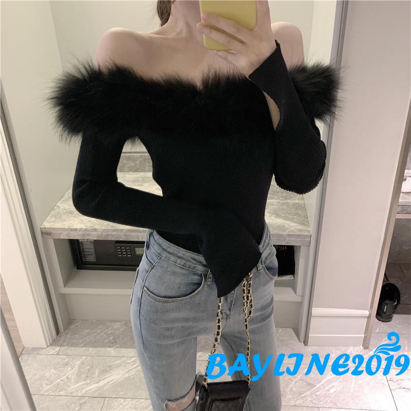 Áo dệt kim tay dài cổ thuyền màu trơn phối lông thời trang cho nữ