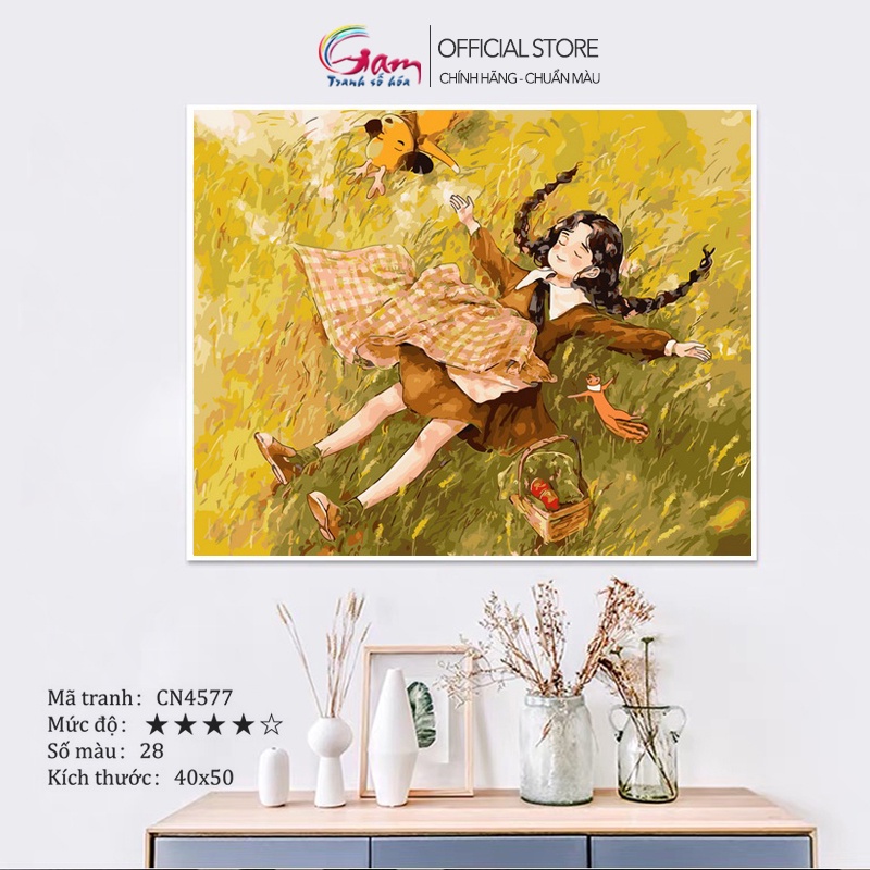 Tranh số hoá cô gái tóc xù GAM nâng cấp bộ màu to kèm 2 bộ cọ đã căng khung 2.5cm 40x50cm CN4577