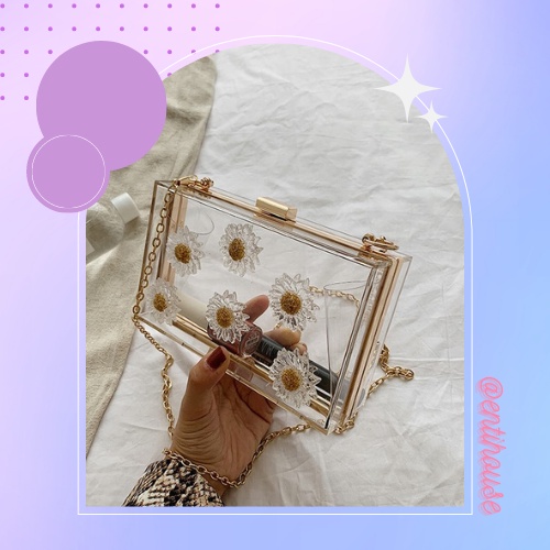 TÚI HỘP TRONG SUỐT HOA CÚC - TÚI XÁCH NỮ CẦM TAY CLUTCH ĐI TIỆC