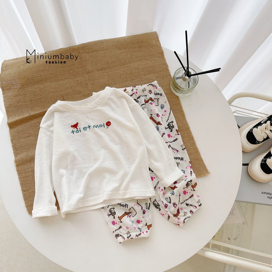 Bộ đồ dài tay quần dài thu đông thêu cáo nấm cho bé gái chất liệu 100% cotton quần áo trẻ em MiniumBaby-SB1252