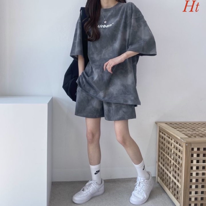 [FREESHIP siêu hot] Bộ loang cotton su mài urban chất chơi hết nấc tay lỡ,form rộng nam nữ.Tặng dây cột tóc xinh