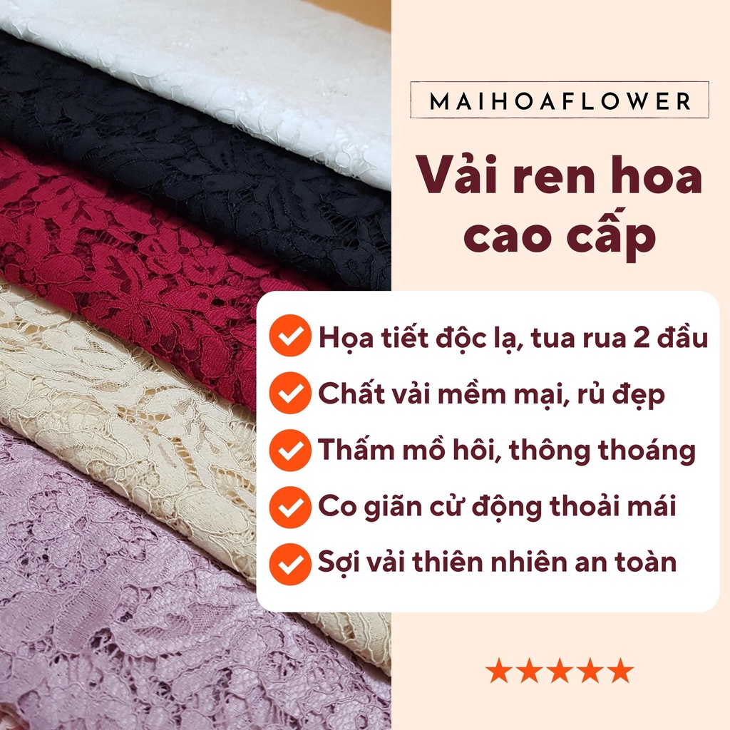 Vải may đồ cho nữ vải ren thêu hoa cao cấp có chân tua rua hai đầu 150x150cm Maihoaflower