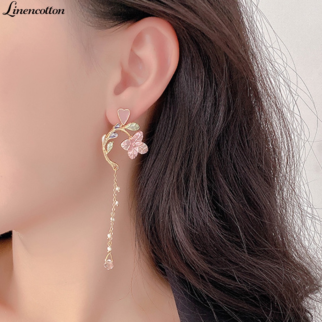 Bông Tai Dáng Dài Hình Hoa Không Đối Xứng Bằng Vải Lanh Và Cotton Thân Thiện Với Da