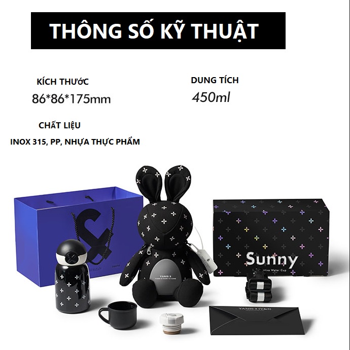 Bình Giữ Nhiệt Thú Nhồi Bông Sunny và William INOX 316 Nắp Kép Có Dây Đeo Chéo, Dung tích 450ml