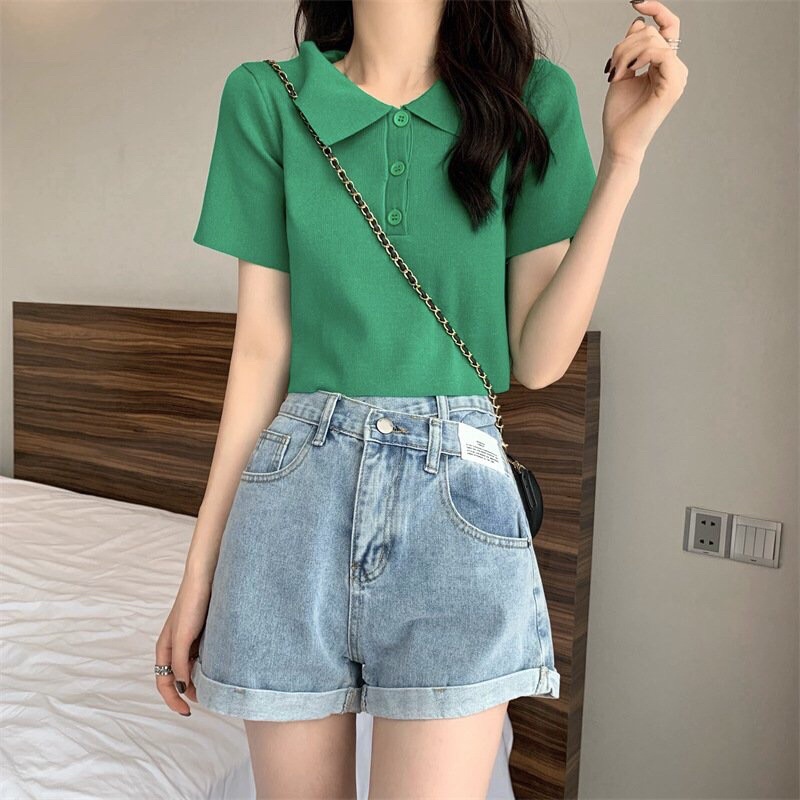 Áo len nữ dệt kim cộc tay cổ bẻ dáng croptop