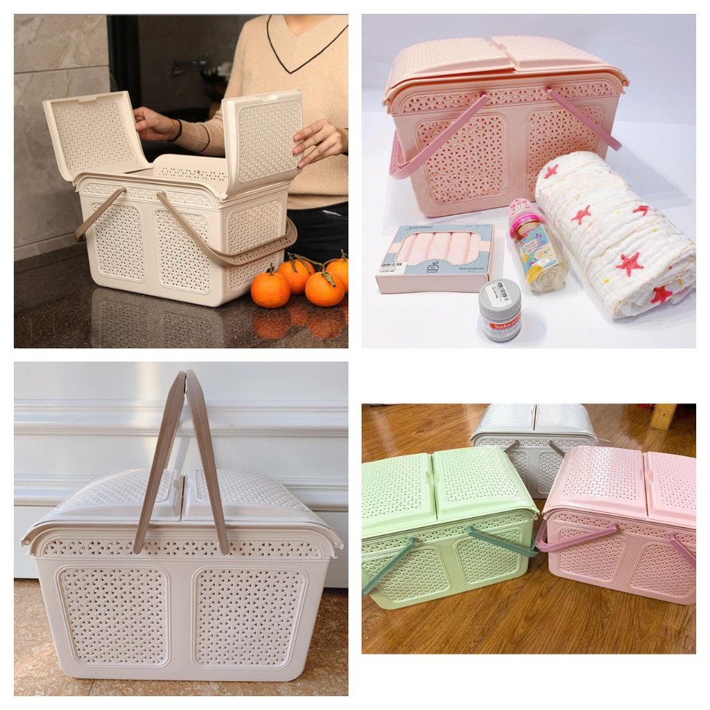 Làn giỏ nhựa đựng đồ đi sinh có nắp và quai xách nhựa VN tiện dụng(màu ngẫu nhiên)
