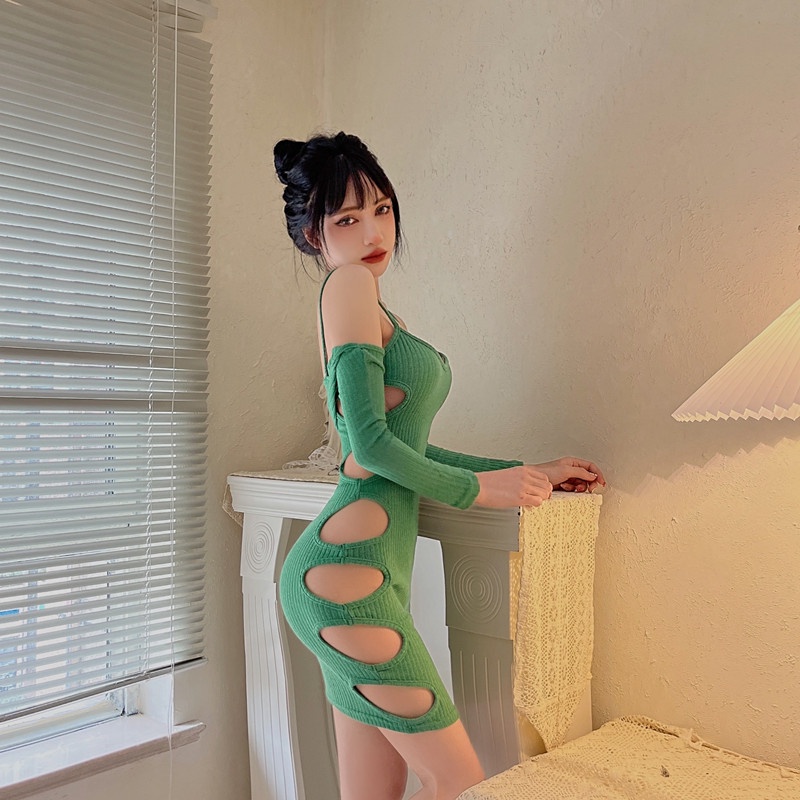 ~ Green Hollow hole sexy nightclub short waistcoat slim hip strap dress for women 0q2S