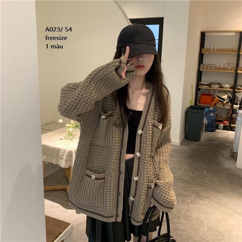 Áo khoác len Cardigan dáng rộng cadigan tổ ong phiên bản Hàn quốc cổ V cài cúc, thiết kế túi 2 bên ngực và sườn chất đẹp