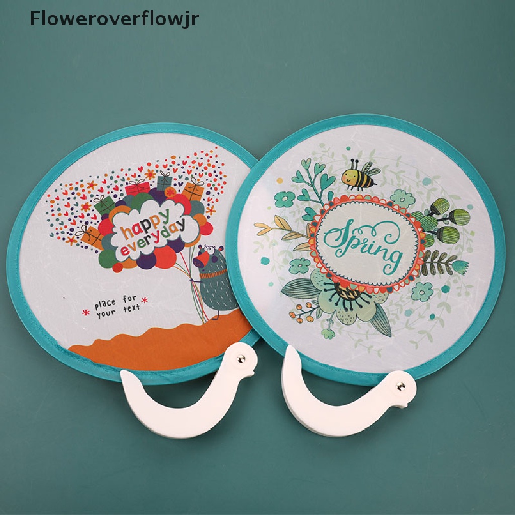 Quạt cầm tay mini hình tròn in họa tiết hoạt hình có thể gấp gọn cho nữ