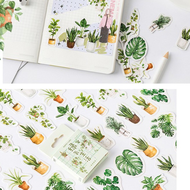 Hộp 45 Sticker hình dán Lá cây xanh trang trí Bullet journal, lịch, album dễ thương STI01