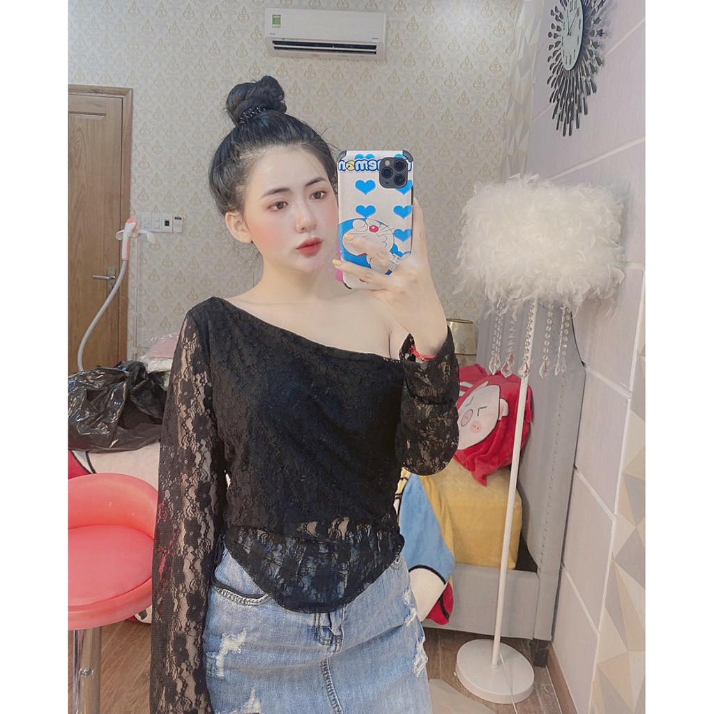 áo kiểu ren trễ vai rút dây bên dễ thương siêu xinh ảnh thật