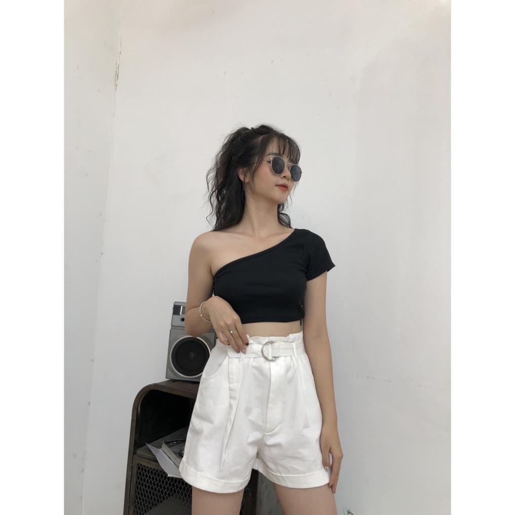 Áo kiểu croptop lệch vai nữ - Phông thun tăm crt ngắn tay cổ tròn dáng ôm body trơn nhiều màu sexy ulzzang HOT  ྇