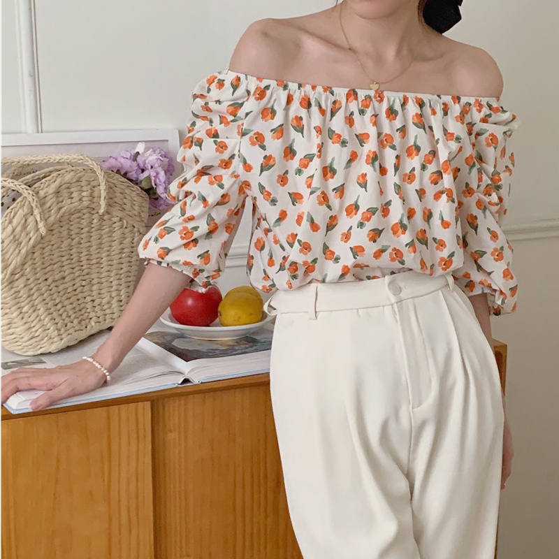 SUXI Áo Trễ Vai In Hoa Phong Cách Hàn Quốc Xinh Xắn Dành Cho Nữ