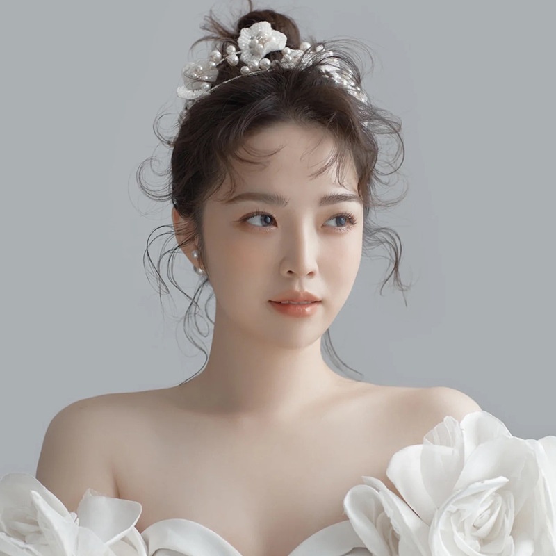 Băng Đô Cài Tóc Hình Vương Miện Công Chúa Đính Hạt Phối Ren Kiểu Hàn Quốc Cho Cô Dâu