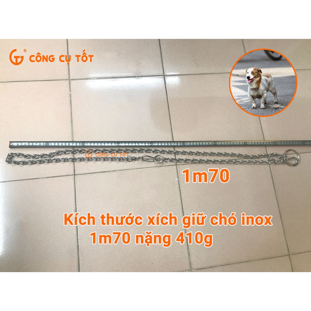 Xích giữ chó inox 1m70 nặng 410g , chống xoắn, có thể thu ngắn bằng khớp