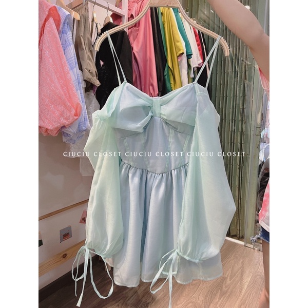 Đầm Xanh 2Dây Trễ Vai Nơ Ngực Xanh Mint/Trắng Vải Đẹp 2 Lớp