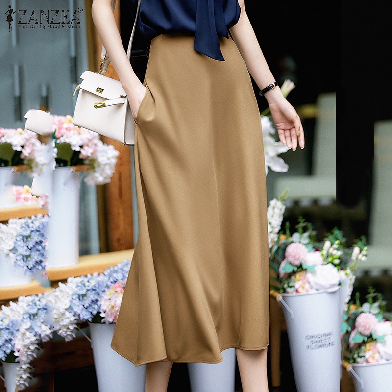 ZANZEA Chân Váy Dài Vải Satin Lưng Cao Co Giãn Thời Trang Cho Nữ