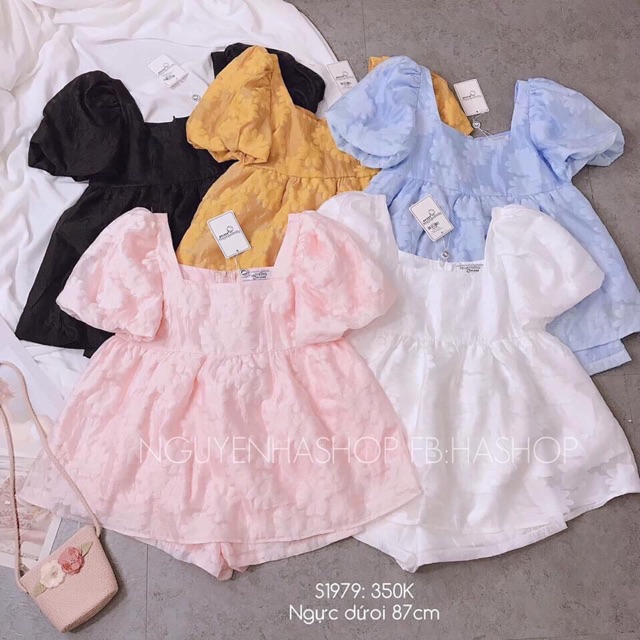 Sét bộ áo baby doll kèm quần short voan tơ hoa nổi