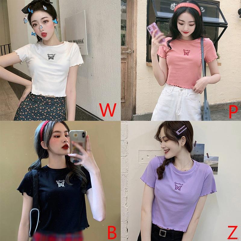 Áo thun tay ngắn cổ tròn họa tiết bướm xinh xắn phong cách Hàn Quốc