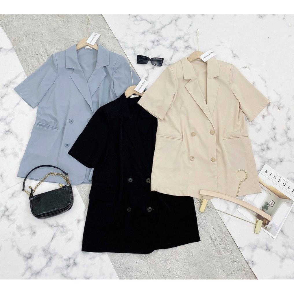 Áo vest-blazer vạt bầu cộc tay dáng suông vải trượt mặc mùa hè H100