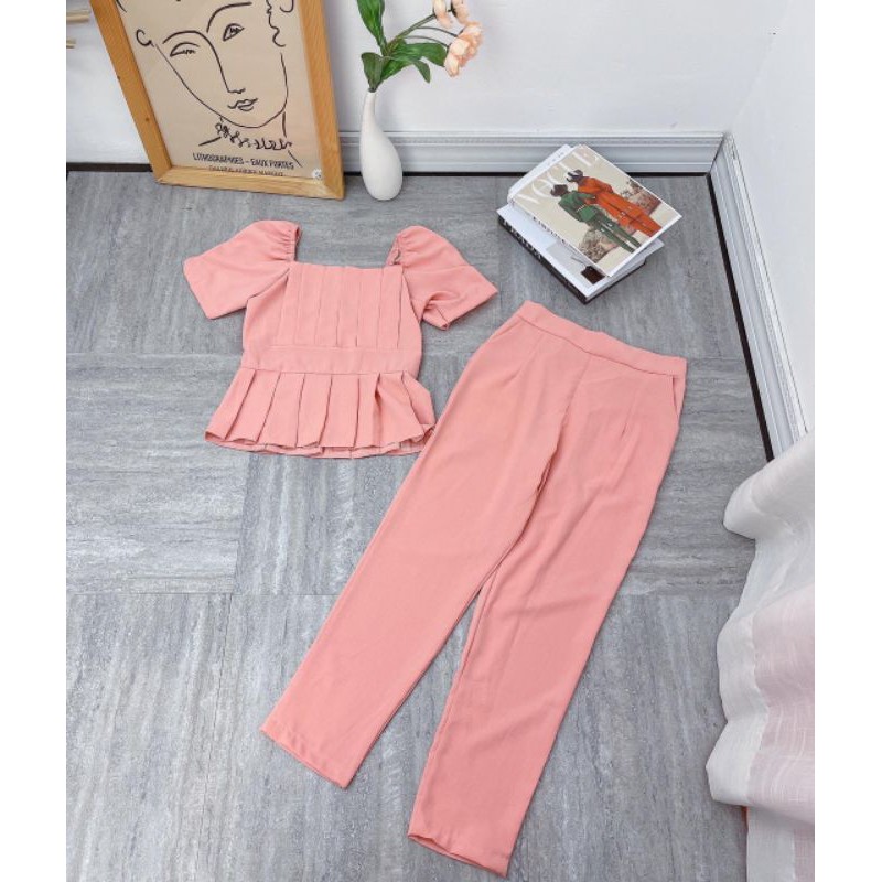 Set bộ trơn xếp li áo cổ vuông tay phồng quần ống suông bigsize 40-72kg | BigBuy360 - bigbuy360.vn