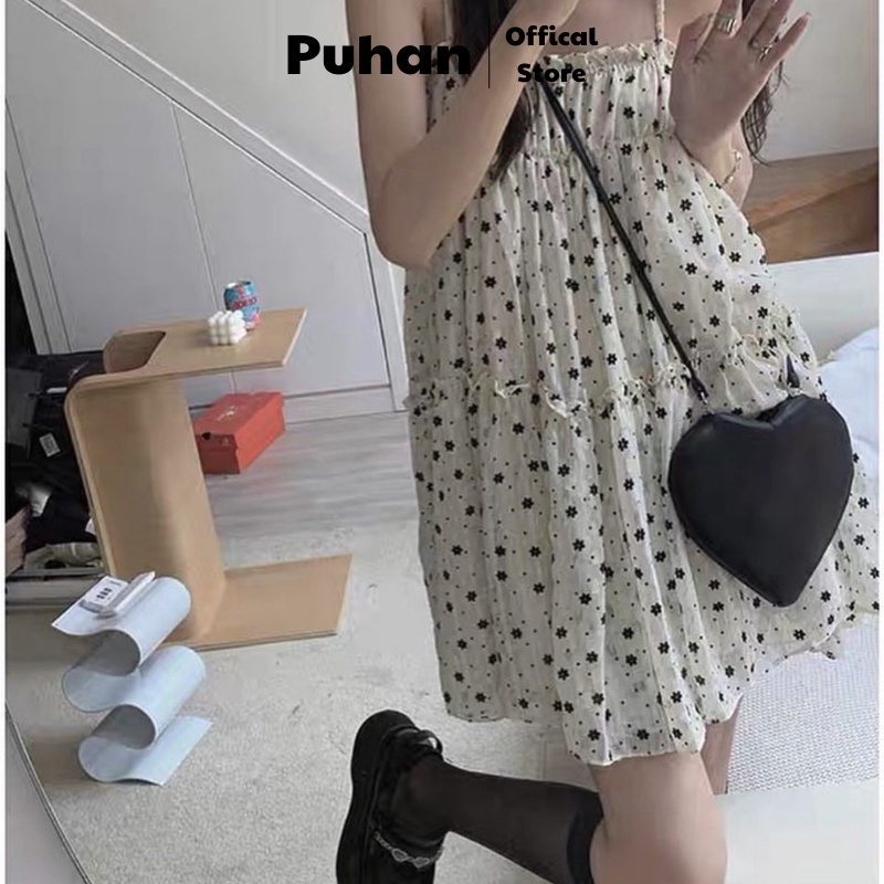 Váy 2 dây hoa nhí chấm bi - Váy 2 dây babydoll 3 tầng dúm bèo, hoa nhí đen + trắng SIÊU HOT