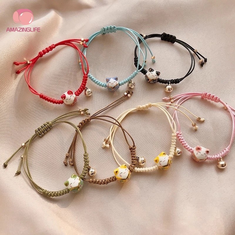 Vòng Tay Bện Dây Đỏ Đính Hạt Và Tua Rua Hình Mèo Dễ Thương Đơn Giản Làm Bằng Thủ Công Thời Trang Cho Cặp Đôi