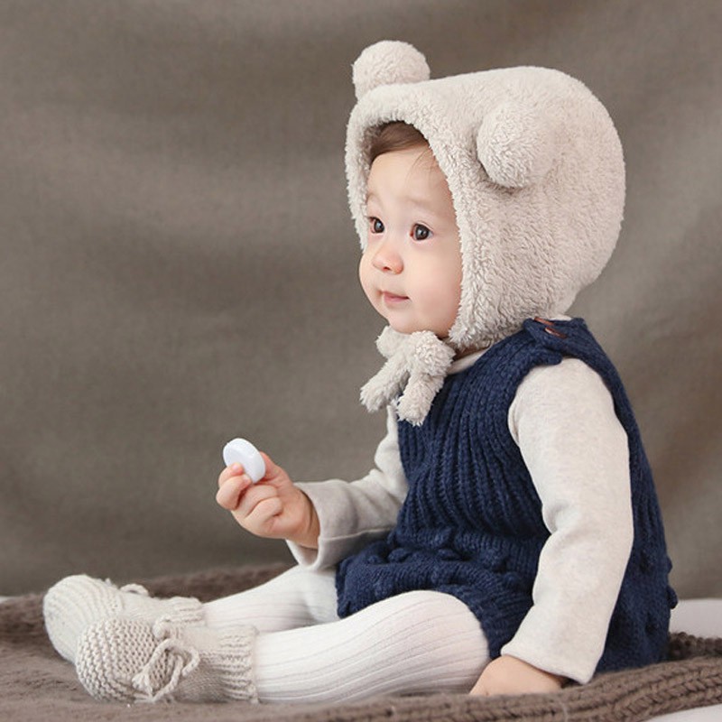 Mũ Len Dày Đính Tai Gấu Dễ Thương Cho Bé