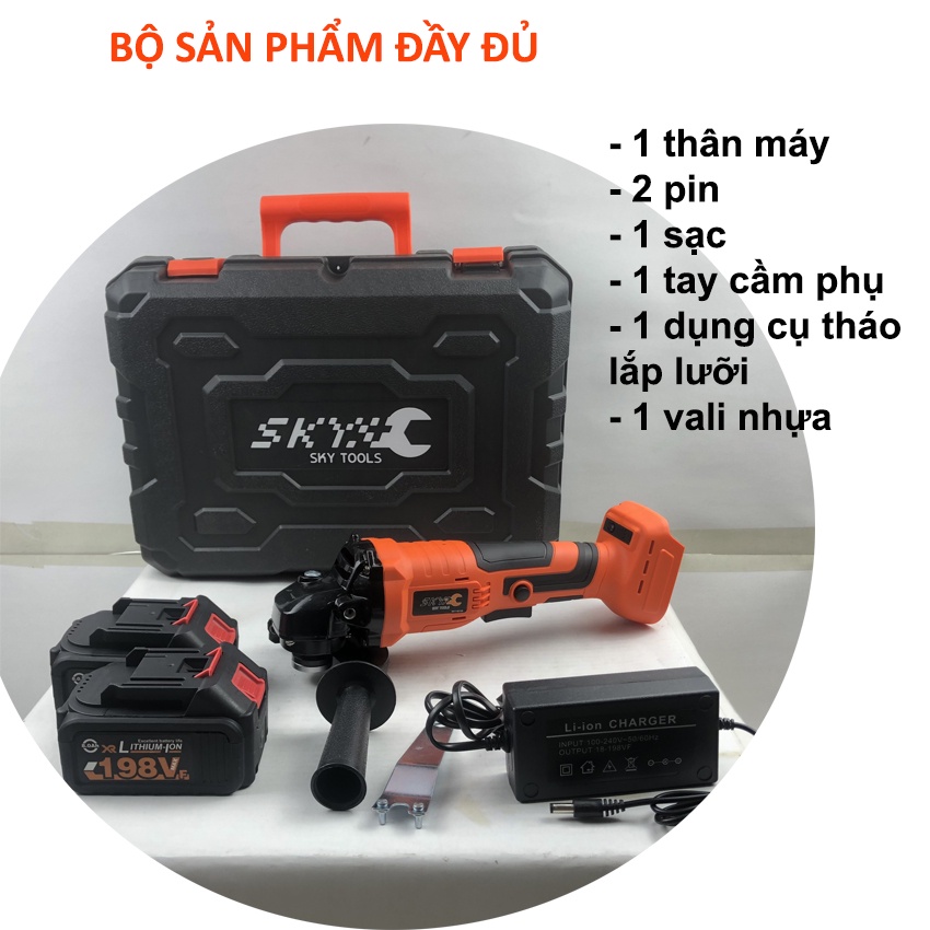 Máy mài góc cầm tay dùng pin chính hãng SKY, máy cắt lưỡi 100m, đi kèm 2 pin 198v, sạc và vai đựng