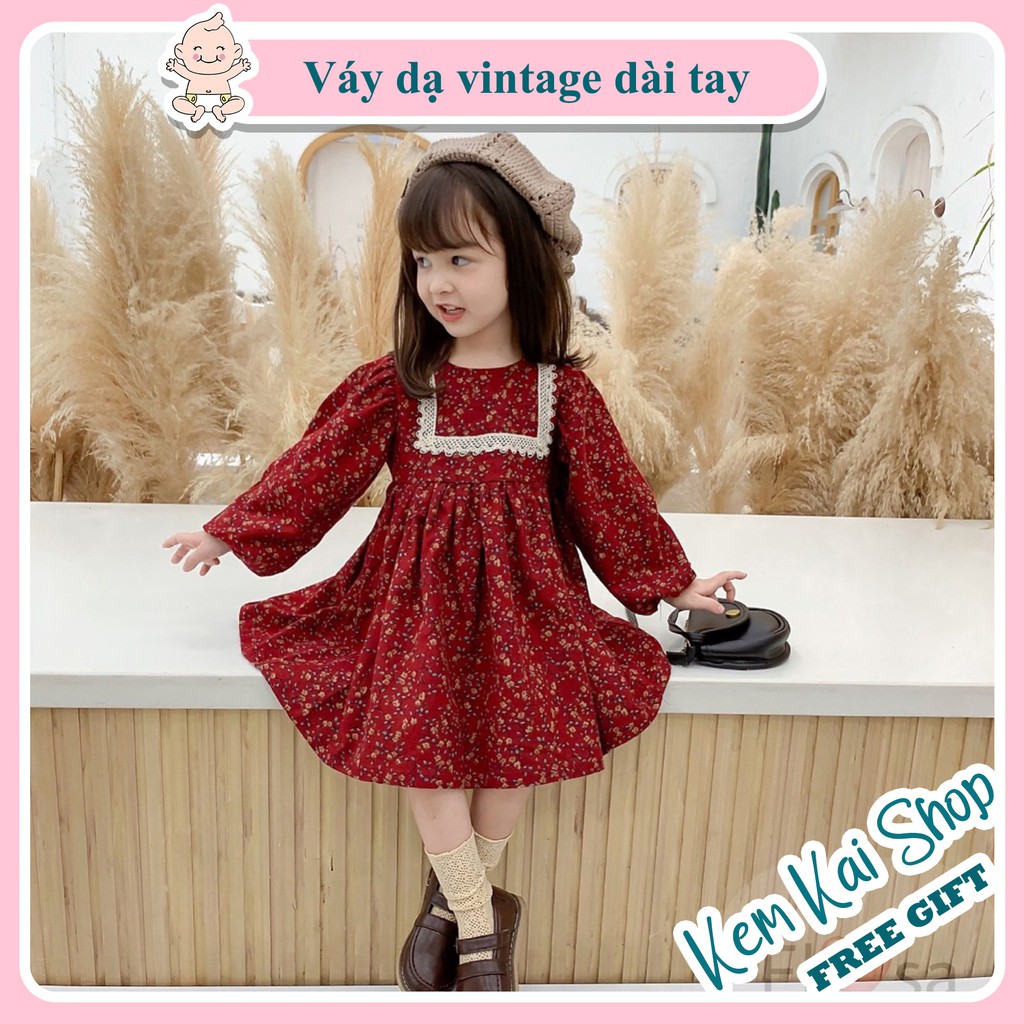 Váy thu đông dài tay cho bé gái kiểu dáng vintage phối ren cho bé gái mùa thu