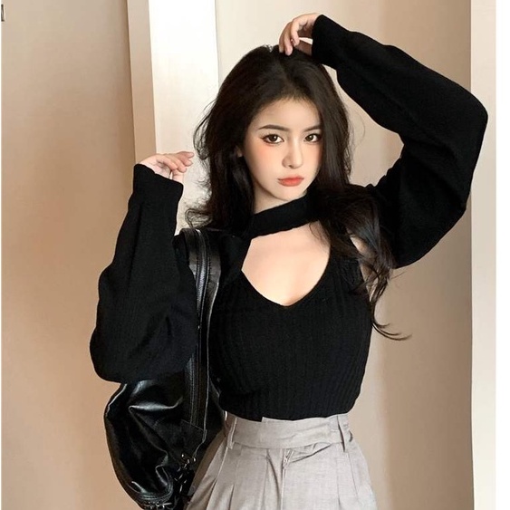 Áo mặc ngoài dệt kim cổ tròn thiết kế hở lưng dài tay thời trang gợi cảm cho nữ