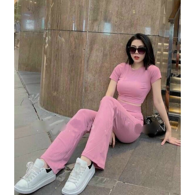 Set Bộ Áo Croptop Ôm Dáng Và Quần Ống Loe Thời Trang Nữ Rose Fashion