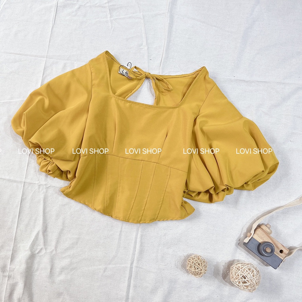 Áo croptop cổ U nơ sau tay phồng NHÀ LOVI