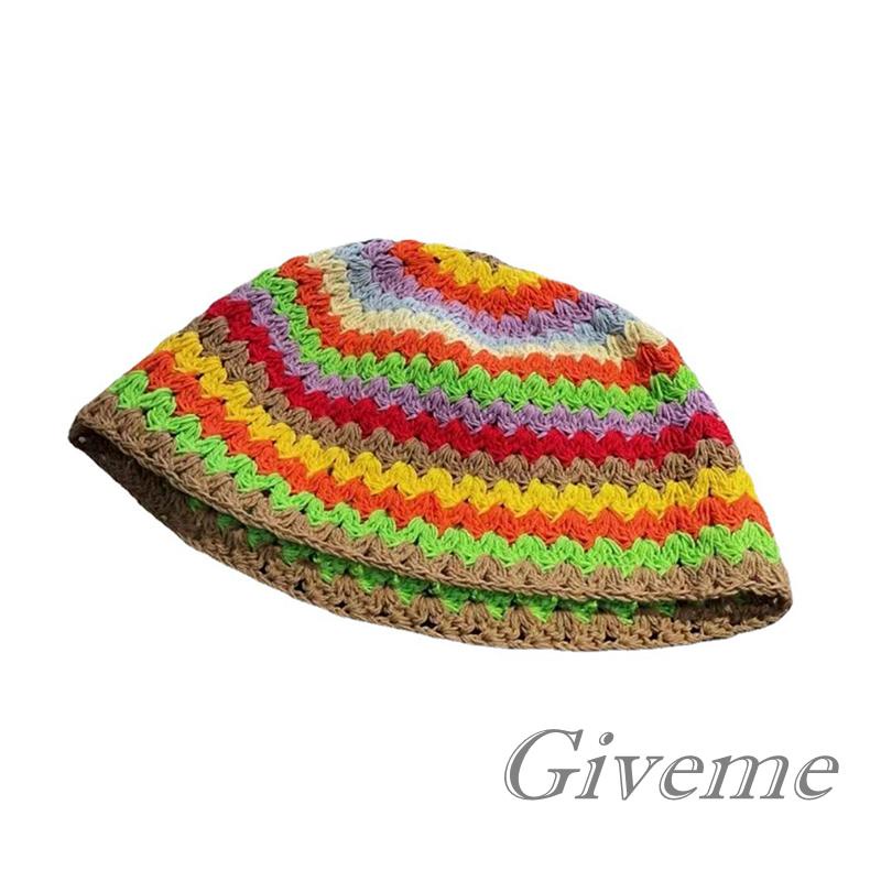 GIVEME-Women Crochet Bucket Hat, Stripe/Stripe-Flower Hollow-Out Fisherman Hats, Ladies Bohemian Beach Head Wear