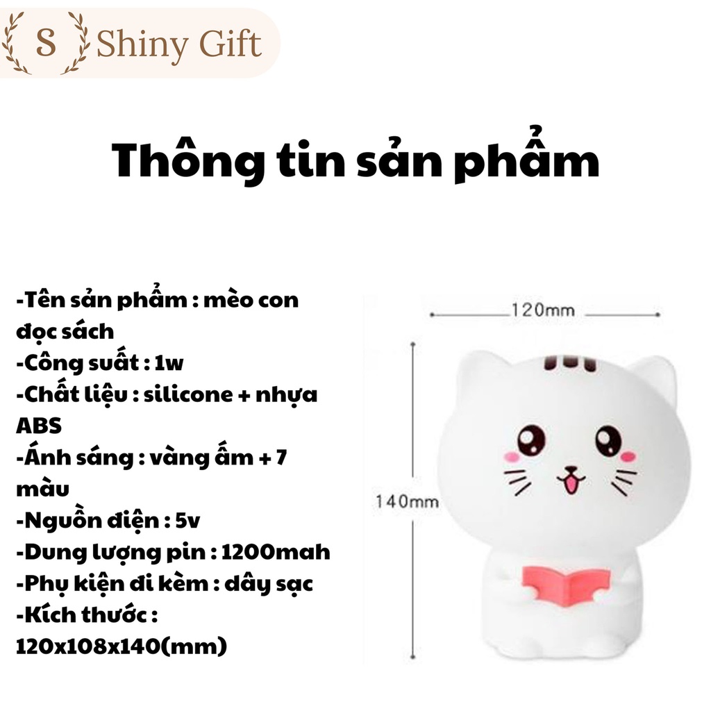 Qùa tặng, đèn ngủ silicone mèo con đọc sách có chức năng ghi âm