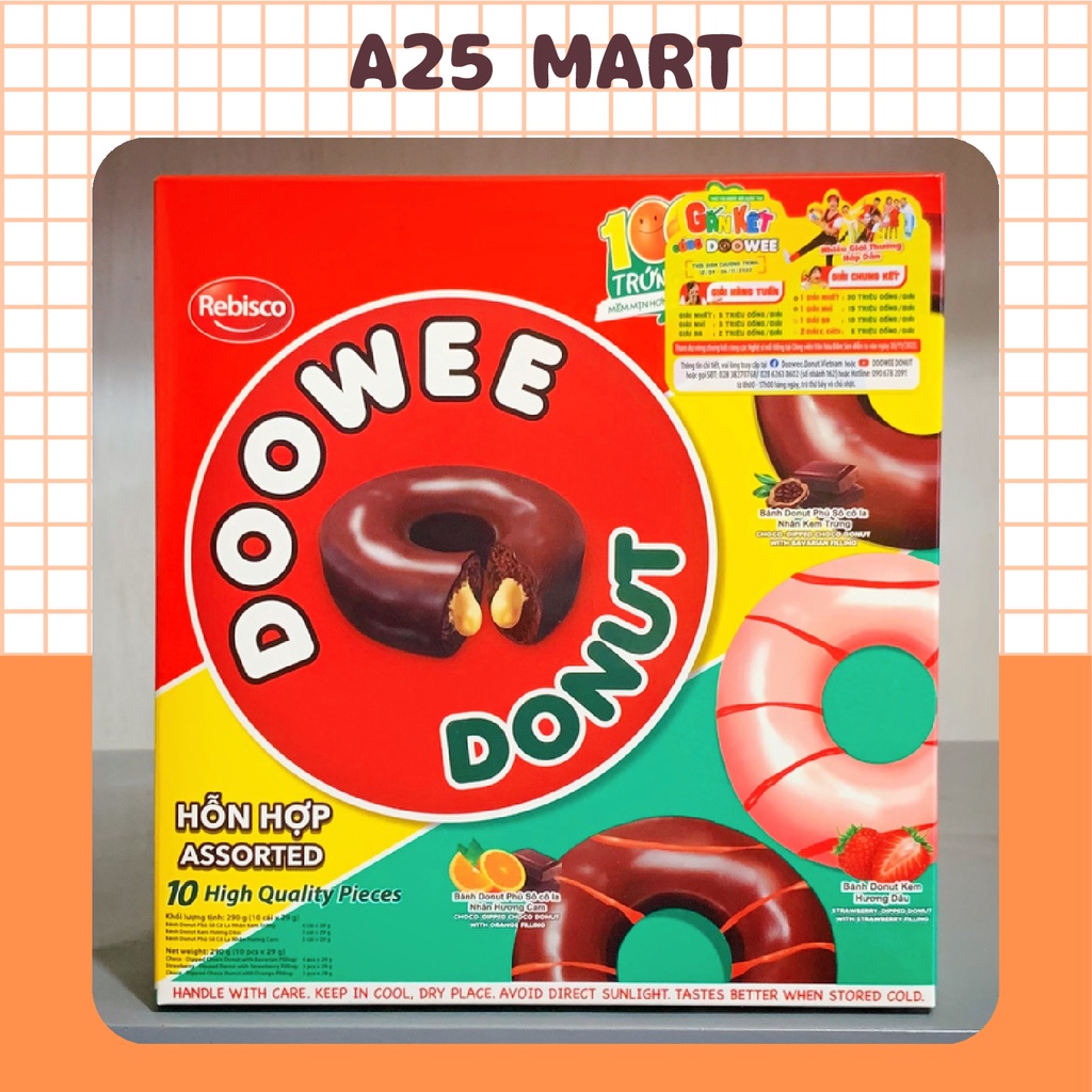 Bánh Donut Phủ Socola Doowee Nhân Kem Trứng/ Nhân Hỗn Hợp Hộp 290g