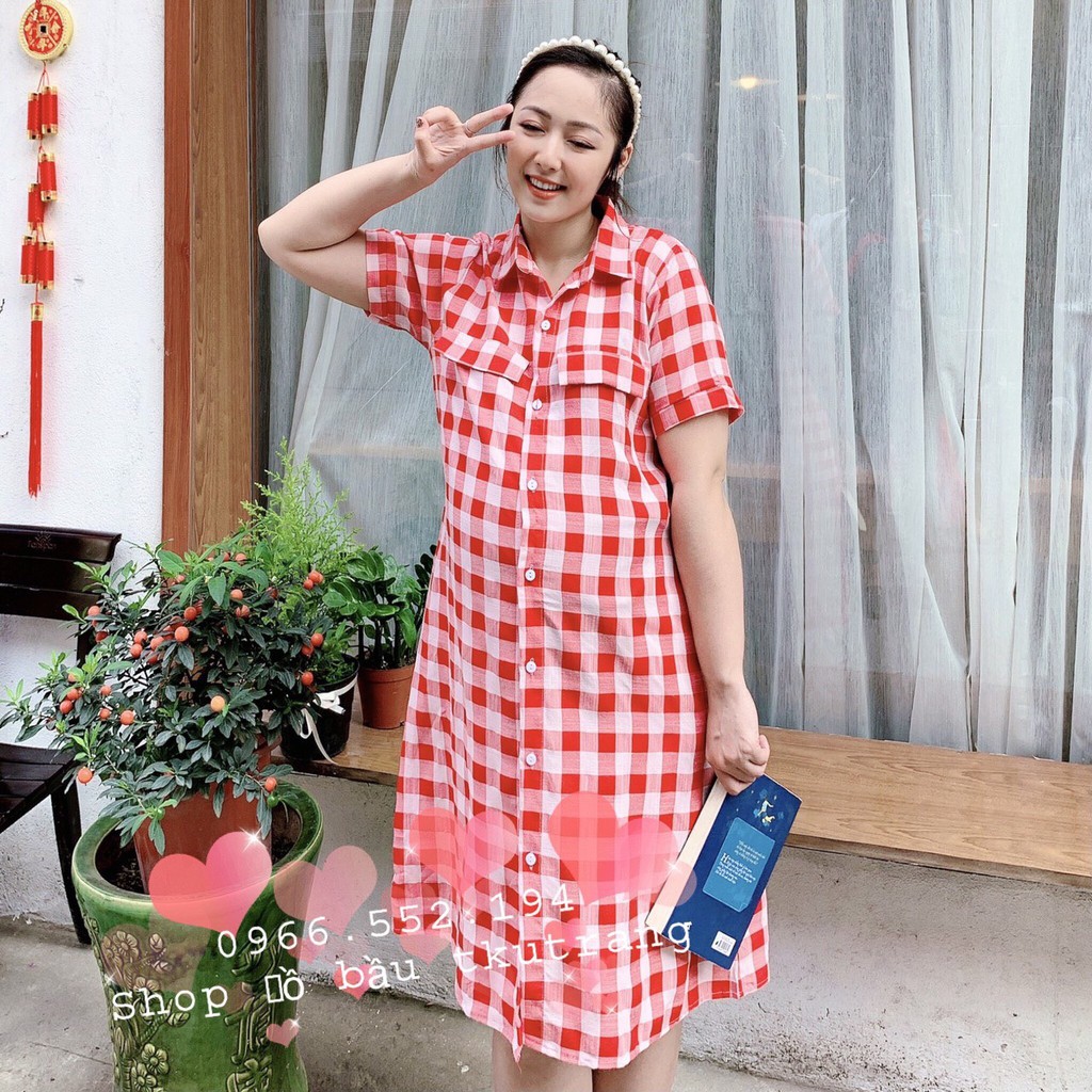 Váy bầu thời trang thiết kế sơ mi hàng cúc thật