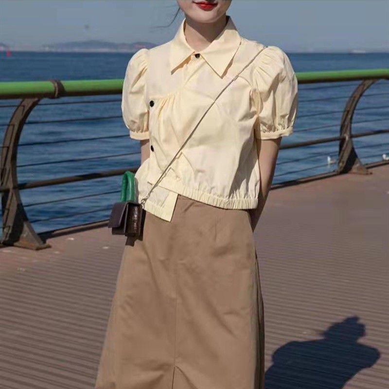 Áo Sơ Mi Tay Ngắn Phồng Thiết Kế Bất Đối Xứng Phong Cách Hàn Quốc Ngọt Ngào Cho Nữ